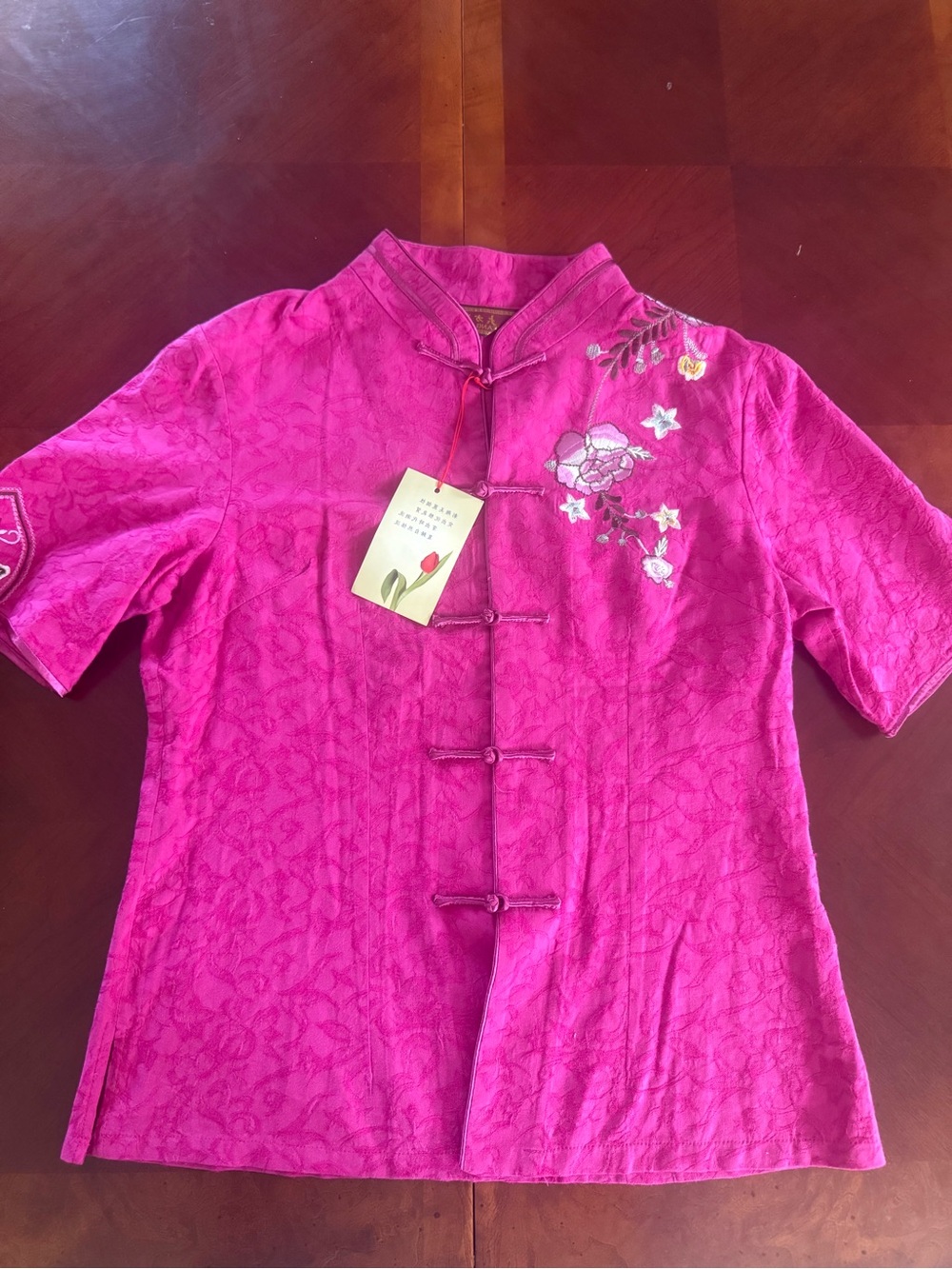 NWT Fang Guang Pink Embroidered Mandarin Collar Top XL